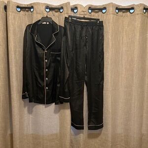 Men’s Black Satin Pajama Set with White Piping